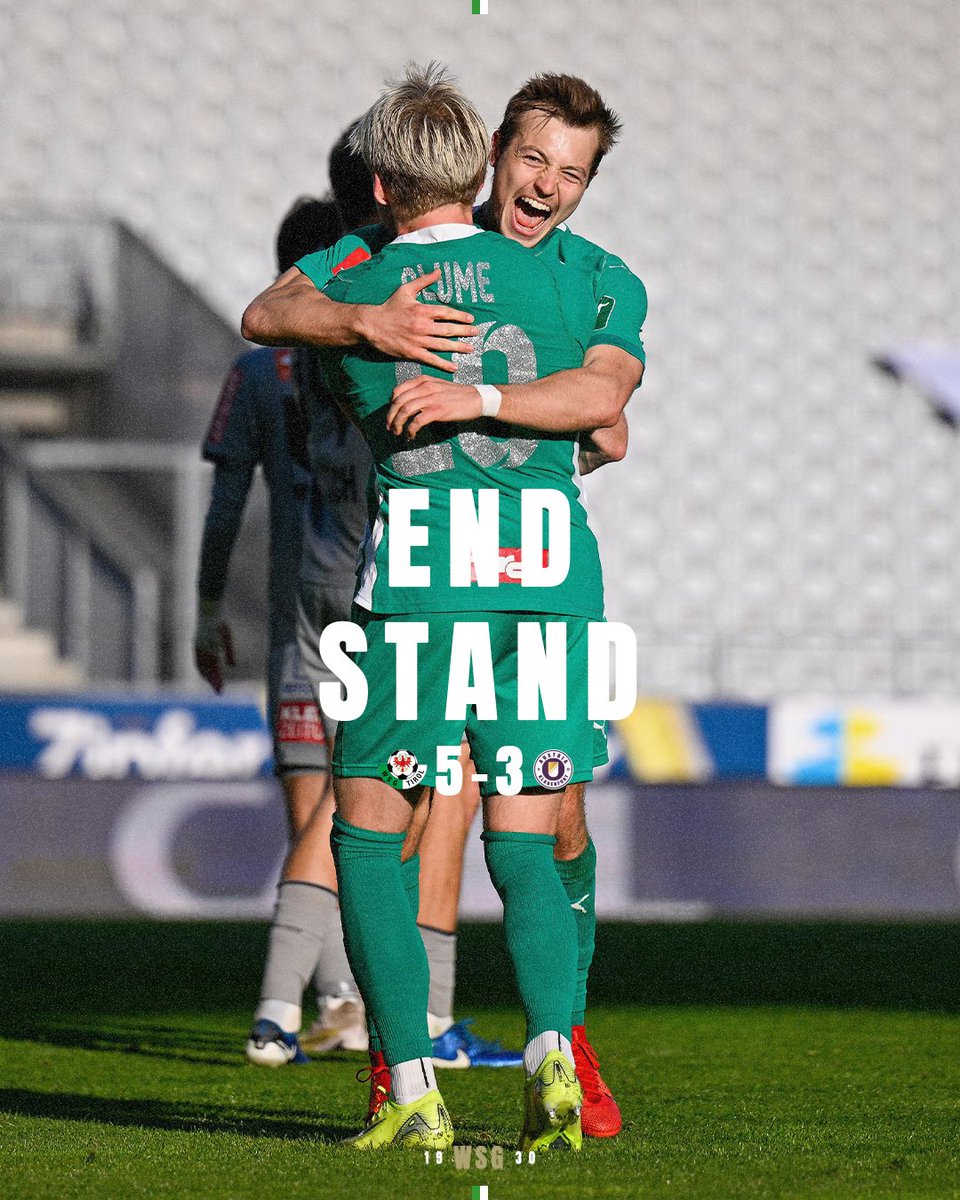 WSGTIROL's tweet photo. Oh, wie ist das schön! 🤩 💚

Wir besiegen den SK Austria Klagenfurt mit 5:3 und fahren den ersten Sieg im Qualifikationsdurchgang ein. 𝗝𝗔𝗔𝗔! 🤩

⏱️90’ | #WSGSKA | 5:3 | #WirSiegenGemeinsam https://t.co/p9MnjMIK1O
