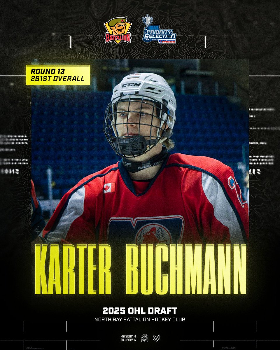 The North Bay Battalion are proud to select Karter Buchmann.

Welcome home Karter!