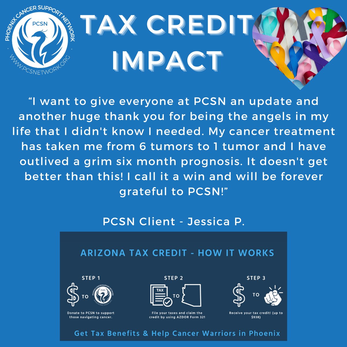 PCSN2016's tweet photo. When you give to Phoenix Cancer Support Network through the Arizona Charitable Tax Credit, you're not just donating—you’re directly supporting cancer patients in need.

#AZTaxCredit #PCSNImpact #GiveHope #SupportCancerCare #PhoenixCancerSupport https://t.co/Ac1hxactpF