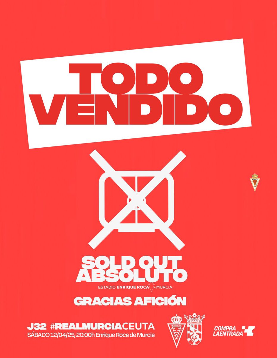 🧨🧨🧨🔥🔥🔥🔥 ¡𝗦𝗢𝗟𝗗 𝗢𝗨𝗧!  
¡𝗧𝗢𝗗𝗢 𝗩𝗘𝗡𝗗𝗜𝗗𝗢 para el #RealMurciaCeuta! 

❤️ ¡HISTORIA! ¡GRACIAS, AFICIÓN! ❤️