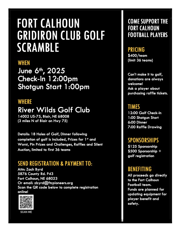 Registration for the 2025 Fort Calhoun Gridiron Club Golf Fundraiser is now open! Use the link to register online or send completed Forms to Coach Byrd. Golf is on June 6th, 2025 at River Wilds Golf Course.
Digital Registration Link: forms.gle/YbpNHDZXs4z1q3…
