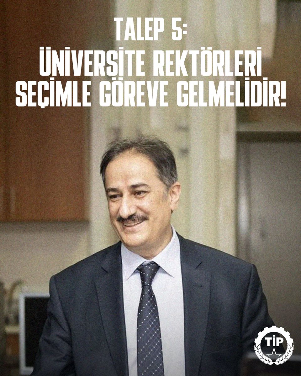 Talep: 5/6
Üniversiteleri üniversite yapan öğrenciler ve öğretim görevlileridir. Saray tarafından atanan kayyum rektörleri kabul etmiyoruz!

Üniversiteyi var eden öğrenciler, akademisyenler ve emekçilerdir. Ancak AKP, bu bileşenlerin söz hakkını yok saymakta; rektörleri Saray’dan