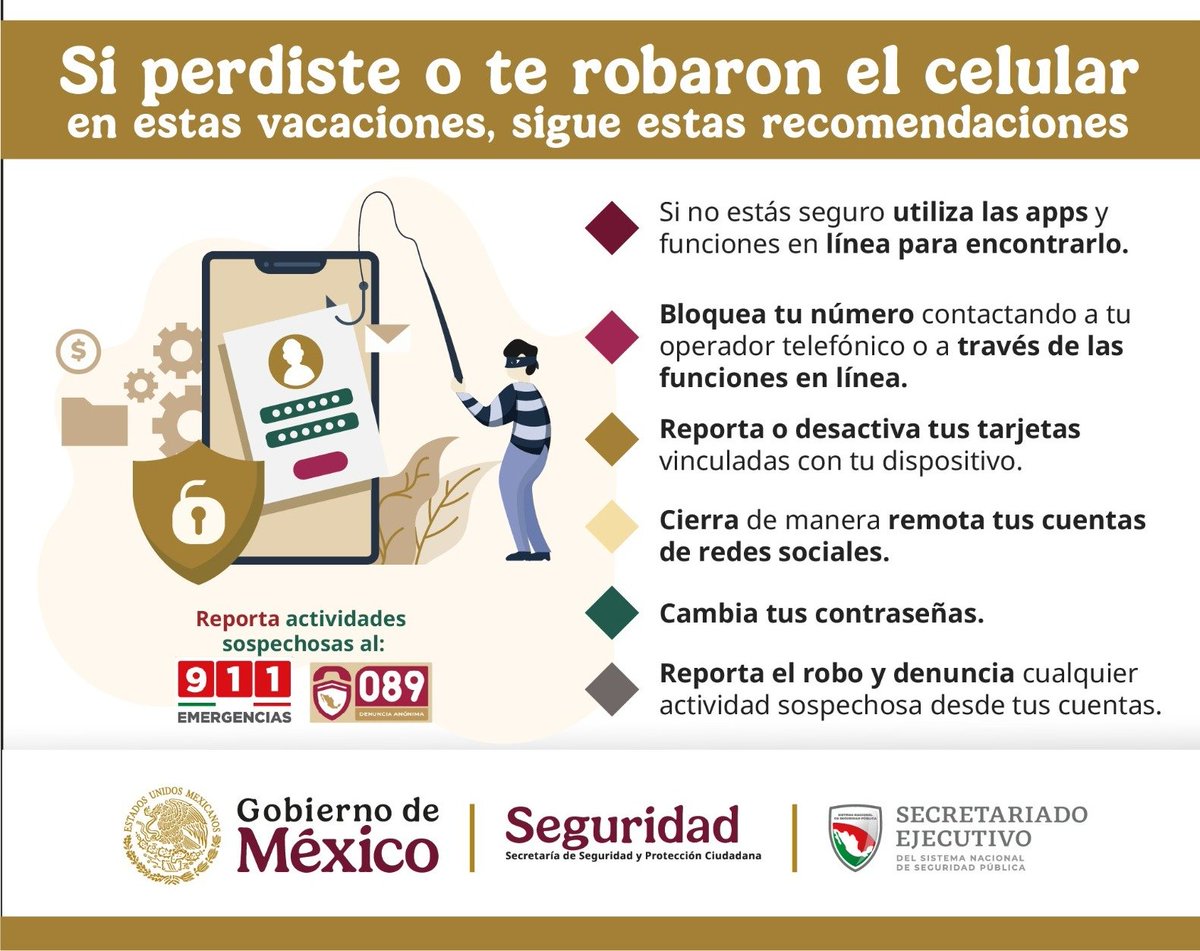 SESNSP's tweet photo. 📵❌ ¿Te robaron el celular? ¡Actúa rápido!
Un teléfono perdido puede ser más que un daño económico, también puede poner en riesgo tu información personal.
Sigue estos pasos:
 📲Bloquea tu línea llamando a tu operadora
 🔒Cierra sesión en tus cuentas y cambia contraseñas
 📍Si tienes activada la opción, rastrea el dispositivo
 🚨Denuncia al 📞 911 y reporta en la página oficial de tu operador
Consulta más recomendaciones en la imagen 📌👀
#SeguridadDigital #Ciberseguridad #Seguridad #ConstruyendoLaPaz