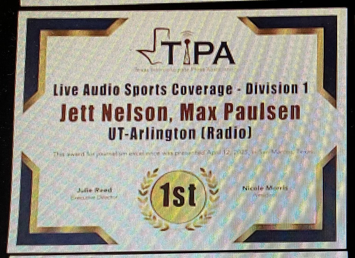 UTA Radio Sports (@utaradiosports) on Twitter photo Congrats are in order to <a href="/JettNelson3/">Jett Nelson</a> <a href="/MaxPaulsen8/">Max Paulsen</a> for their first place PxP win at <a href="/texasipa1909/">Texas Intercollegiate Press Association</a> Congrats are in order to <a href="/JettNelson3/">Jett Nelson</a> <a href="/MaxPaulsen8/">Max Paulsen</a> for their first place PxP win at <a href="/texasipa1909/">Texas Intercollegiate Press Association</a>