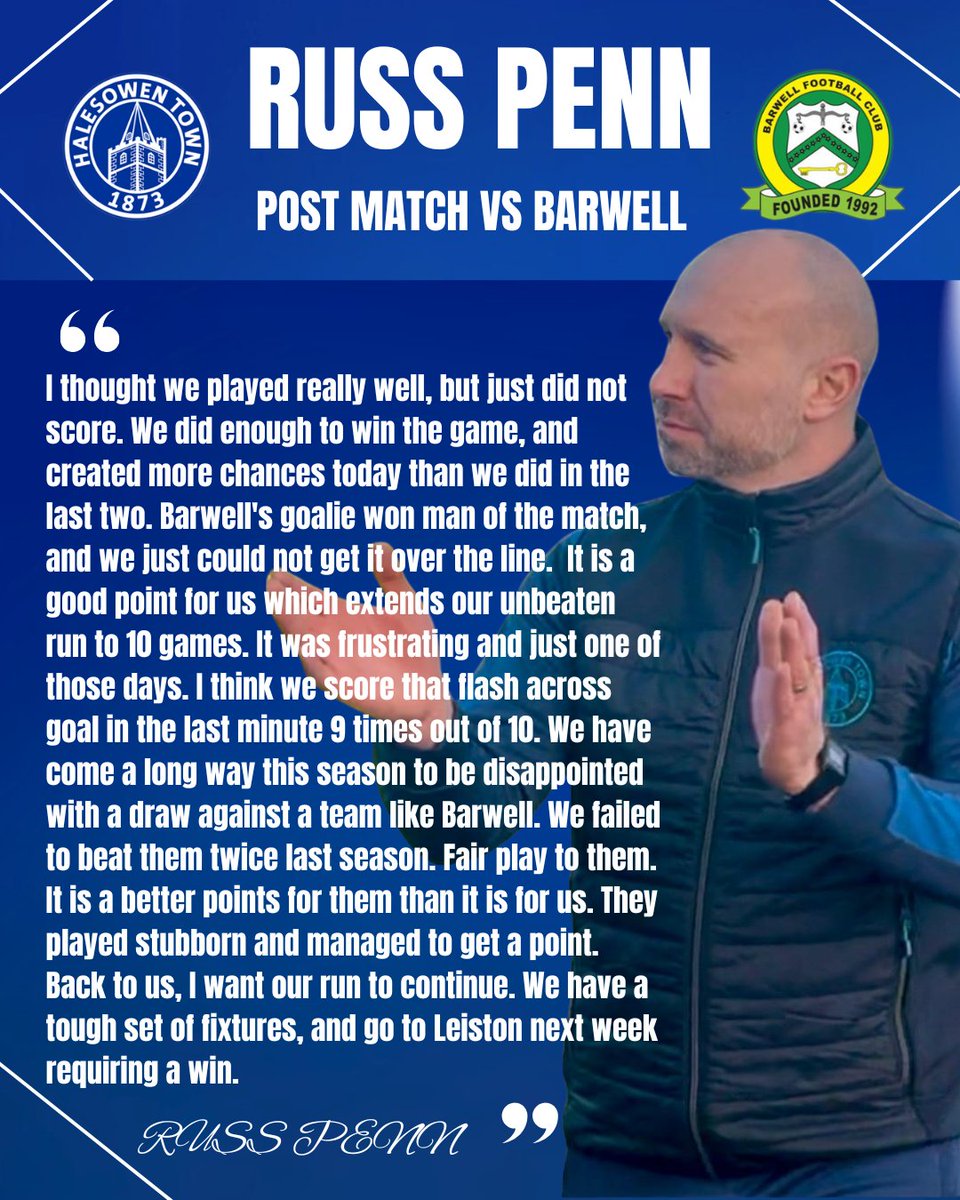 halesowentownfc's tweet photo. 🗣 Russ Penn's thoughts on today's 0-0 draw against Barwell

#UpTheYeltz | #HALBAR https://t.co/pWdf6WtUYX