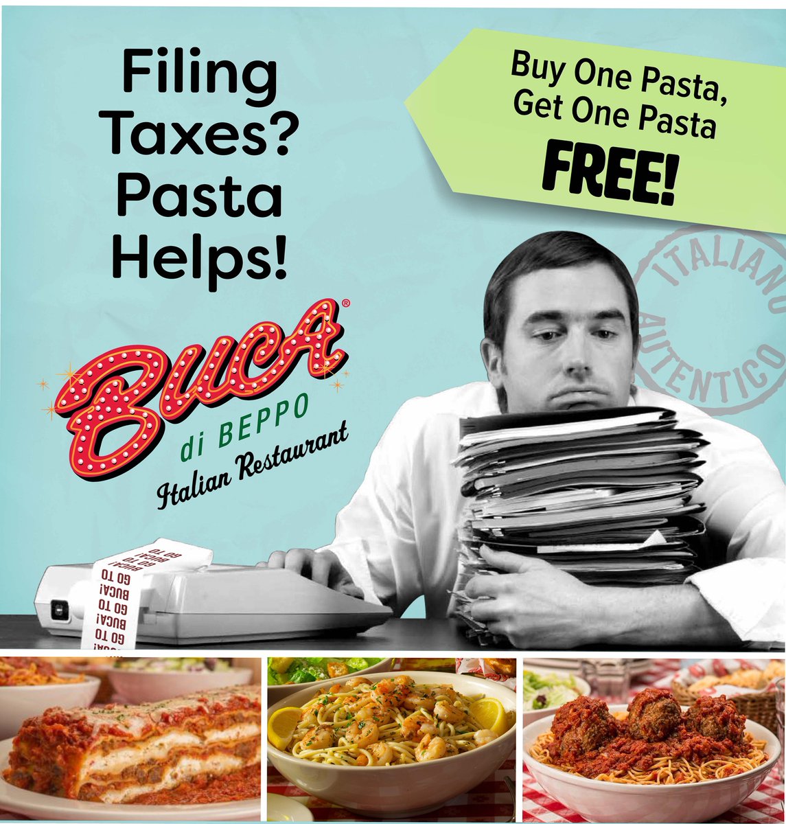 Still looking for savings during tax season? Try our Buy One Pasta, Get One Pasta Free at Buca di Beppo through April 15th! Use the promo code: 63037-5269-3791 either online or during dine in. Visit dineatbuca.com for reservation or to order.