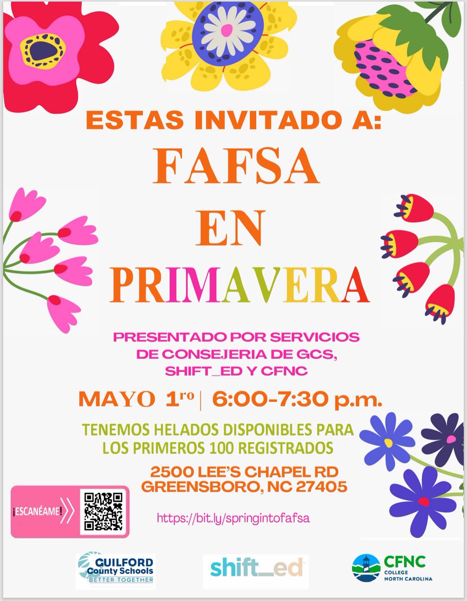 Hey Seniors! Have you completed the FAFSA? If not, you still have time so join us on May 1st from 6-7:30 pm for FAFSA assistance. Make sure to register for this opportunity at bit.ly/springintofafsa.