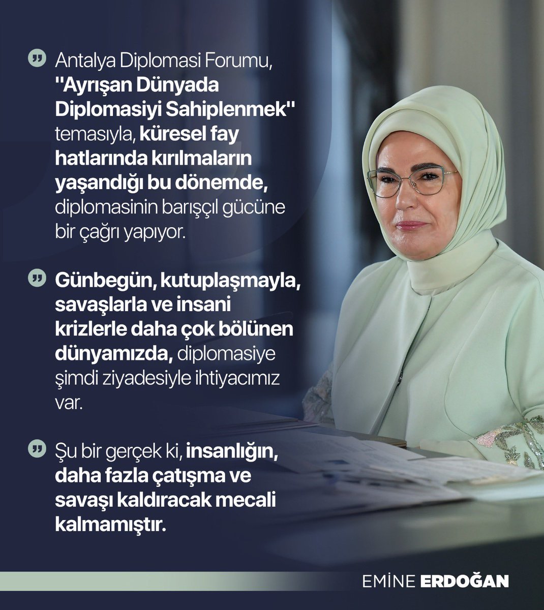 🇹🇷
Emine Erdoğan (<a href="/EmineErdogan/">Emine Erdoğan</a>):

"Filistin’de çocuklar, uzatılan mikrofonlara 'Ölmek istiyorum çünkü savaş yüzünden yaşamaktan yoruldum' diyorlar. Unutmayalım ki, çocukların uykularında, bombalarla, füzelerle öldürüldüğü bir dünya, masumiyetini ilelebet kaybetmiştir!"

#ADF2025