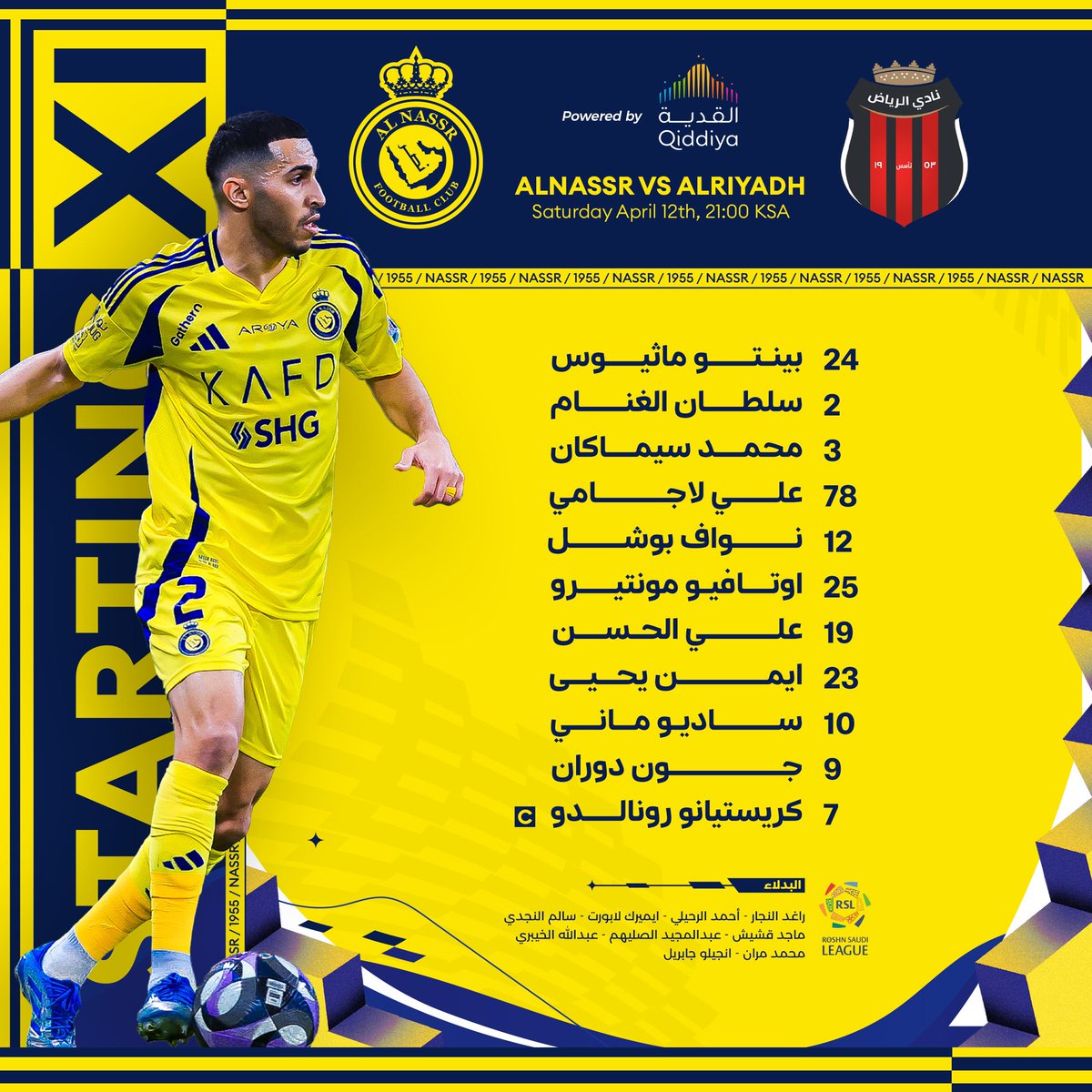 قائمة الفريق الرسمية للمباراة تصـل! 🤩
بالتوفيق لنجومنا 💛
#النصر_الرياض | #AlNassrAlRiyadh