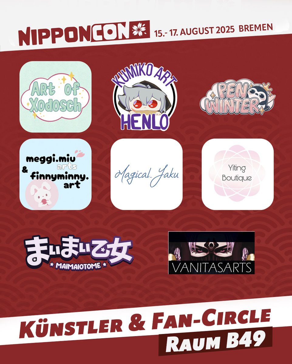 Künstler &amp; Fan-Circle auf der NipponCon!

Entdeckt die Artists der diesjährigen NipponCon im RaumB49! Prints, Anhänger oder die ein oder andere Commission – hier gibt es alles, was euer Fan-Herz begehrt.

#NipponCon2025 ⁠#ArtistAlley