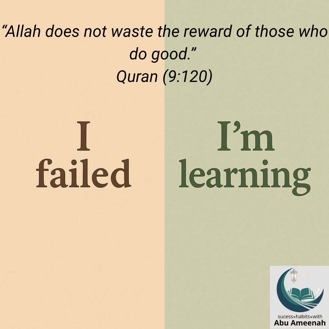 _successhabits's tweet photo. 2/8
Slip ≠ Failure
Slip = Feedback.
That’s Growth Mindset.
Dweck didn’t invent it. Islam lived it.
“Allah does not waste the reward of those who do good.” (9:120)
Still in the game. Still growing.
#FaithInProgress #MindsetMatters https://t.co/irQpsnTFE1