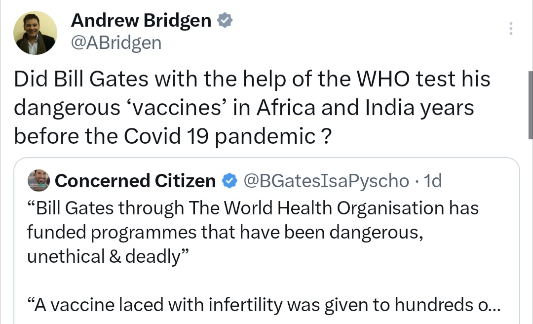 _johnbye's tweet image. Ex MP Andrew Bridgen continues down the rabbit hole, suggesting covid vaccines were designed to kill the elderly, making ludicrous claims about miscarriage rates, and sharing long debunked claims about a vaccine being used to sterilize women in Kenya.

And that's just this week!