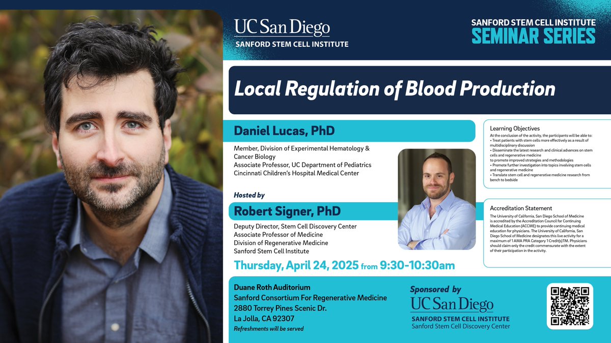 UCSD Division of Regenerative Medicine (@ucsandiegodrm) on Twitter photo *COMING SOON*
Dr. Daniel Lucas will be here April 24 at Duane Roth from 9:30-10:30am to speak on Local Regulation of Blood Production
ucsd.zoom.us/j/95780022234
<a href="/ucsdstemcell/">UCSD Sanford Stem Cell Institute</a> <a href="/SSCDiscovery/">UC San Diego Stem Cell Discovery Center</a> <a href="/UCSDMedSchool/">UC San Diego School of Medicine</a> <a href="/sbpdiscovery/">Sanford Burnham Prebys</a> <a href="/salkinstitute/">Salk Institute</a> <a href="/ljiresearch/">La Jolla Institute</a> <a href="/UCSDHealthSci/">UC San Diego Health Sciences</a> <a href="/SignerLab/">Robert Signer</a> <a href="/Kaufm020/">Dan Kaufman</a> *COMING SOON*
Dr. Daniel Lucas will be here April 24 at Duane Roth from 9:30-10:30am to speak on Local Regulation of Blood Production
ucsd.zoom.us/j/95780022234
<a href="/ucsdstemcell/">UCSD Sanford Stem Cell Institute</a> <a href="/SSCDiscovery/">UC San Diego Stem Cell Discovery Center</a> <a href="/UCSDMedSchool/">UC San Diego School of Medicine</a> <a href="/sbpdiscovery/">Sanford Burnham Prebys</a> <a href="/salkinstitute/">Salk Institute</a> <a href="/ljiresearch/">La Jolla Institute</a> <a href="/UCSDHealthSci/">UC San Diego Health Sciences</a> <a href="/SignerLab/">Robert Signer</a> <a href="/Kaufm020/">Dan Kaufman</a>