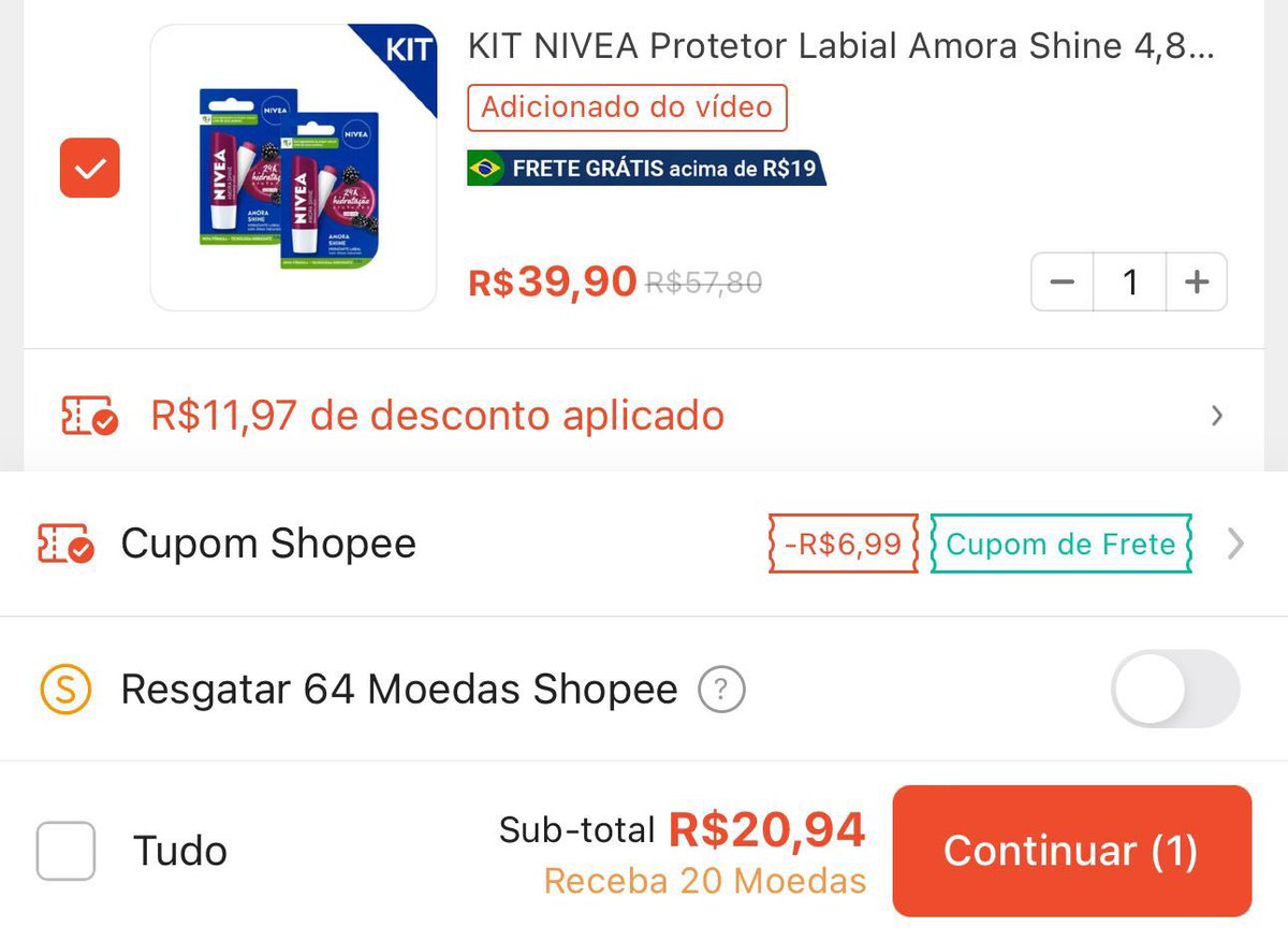 Livia20105571's tweet photo. 🆘BARATOOOO😱🏃🏻‍♀️

￼KIT NIVEA Protetor Labial Cereja Shine 4,8g + Protetor Labial Amora Shine 4,8g

Por R$20,94😱🔥

> Adicione no carrinho através do vídeo para usar o cupom

Pegar promoção  ➡️https://t.co/pXFNes0n9C

#BBB25 https://t.co/VPBH8czFnv