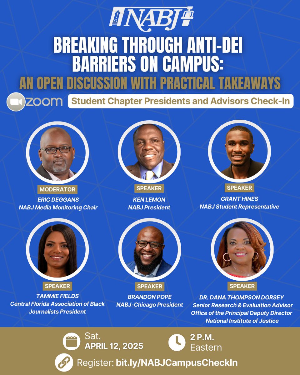 NABJ Chicago Chapter (@nabjcc) on Twitter photo Join <a href="/NABJ/">#NABJ Headquarters โ๐พ๐๏ธ๐๏ธ๐ป ๐ท ๐ฅ ๐ ๐</a> today for a critical discussion on breaking through anti-DEI barriers on campuses with practical takeaways. President <a href="/BpopeTV/">Brandon Pope TV</a> will be joining
Register now us02web.zoom.us/meeting/registโฆ Join <a href="/NABJ/">#NABJ Headquarters โ๐พ๐๏ธ๐๏ธ๐ป ๐ท ๐ฅ ๐ ๐</a> today for a critical discussion on breaking through anti-DEI barriers on campuses with practical takeaways. President <a href="/BpopeTV/">Brandon Pope TV</a> will be joining
Register now us02web.zoom.us/meeting/registโฆ
