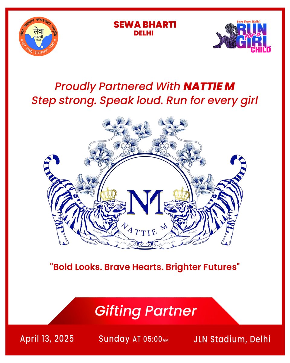 We're proud to have NATTIE M as our Gifting Partner for Run for a Girl Child. Their support adds grace and strength to our stride, as we run for brighter tomorrows. 🌟💖

🗓️ April 13, 2025 | ⏰ 5:00 AM | 📍 JLN Stadium, Delhi
"Bold Looks. Brave Hearts. Brighter Futures."