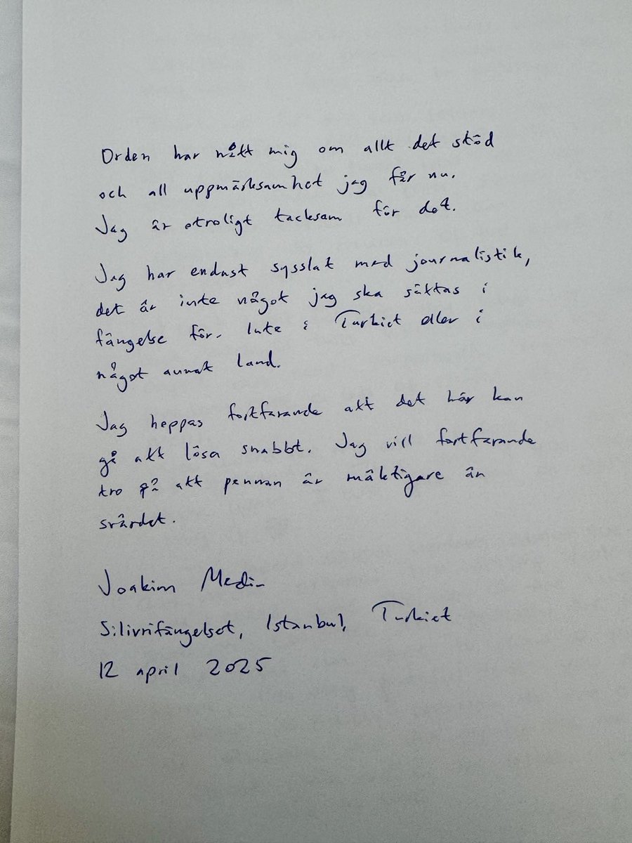 a_gustavsson's tweet photo. Ett nytt brev från Joakim. 

Message from Swedish journalist Joakim Medin currently imprisoned in Turkey. https://t.co/j81AiAPfd4