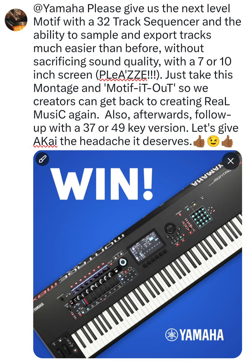 etrack80's tweet photo. @YamahaMusicUSA @yamahamotif  @YAMAHAJapan55  @guitarcenter  @Yamaha @YamahaMusicUSA @yamahamotif  @YamahaMusic_Jp @YamahaMusicLDN @YamahaMusicTH   Please give us the next level Motif with a 32 Track Sequencer. New MoTiF needed QuiCKLy!!!👍🏾🎹👍🏾 https://t.co/mRhM68nzw2