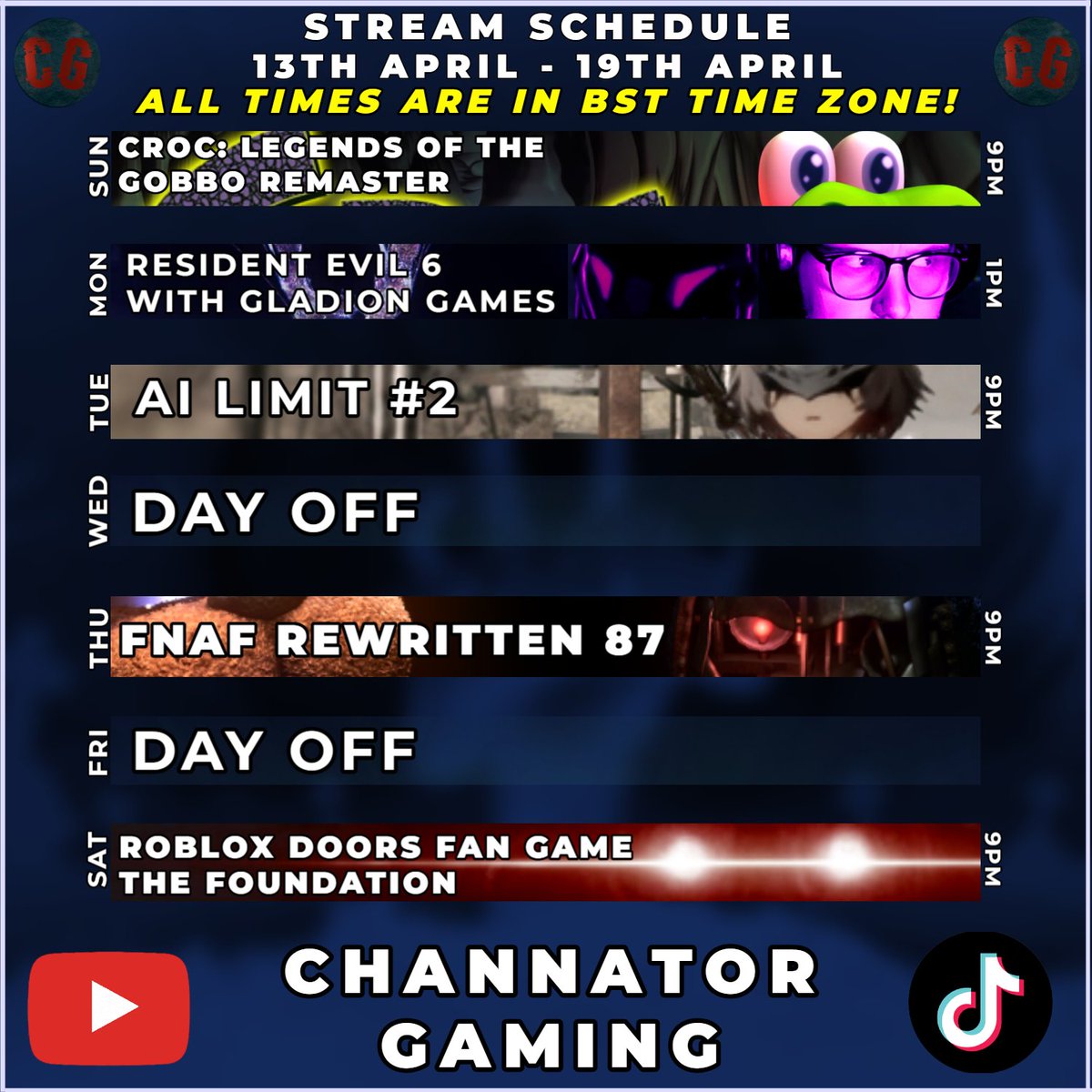 ChannatorGaming's tweet image. Chan’s Weekly Stream Schedule (Apr 13th-19th) 📆 (Schedule Could Change)

Here’s what’s coming up this week! Mark your calendars and don’t miss out!

Which stream are you most excited for? Let me know in the comments! 👇🔥

#channator #youtuber #streamer #streamscheule