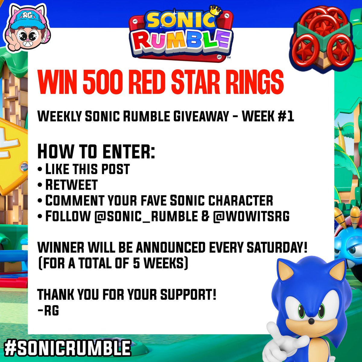 WowItsRG's tweet photo. Want to win 500 Red Star Rings in Sonic Rumble? We’re giving away FREE in-game codes every week! 👀  #SonicRumble #SonicRumblePartner 

To enter:
1. Like this post
2. Retweet
3. Comment your favorite Sonic character!
4. Follow @sonic_rumble & @wowitsrg

Winners will be picked every Saturday!
Good luck, speedsters! 🩵🩷