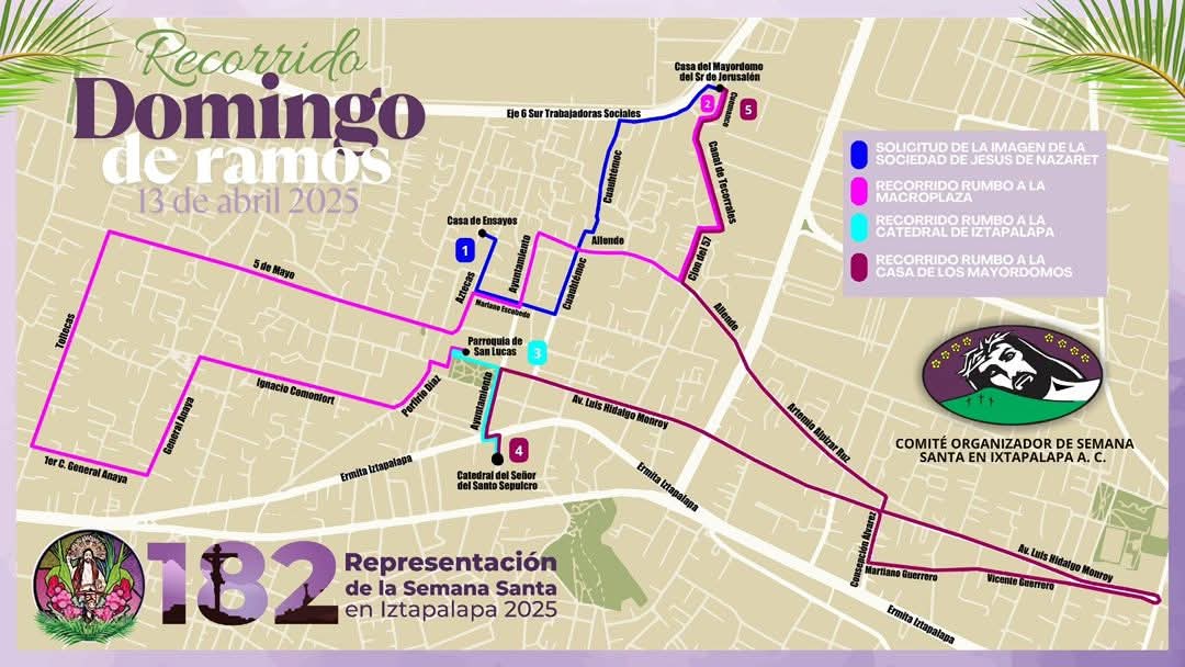 Conoce la programación y ruta del recorrido para este #DomingoDeRamos 🌾🌿de la #182Representación de la Semana Santa en Iztapalapa, aquí te compartimos los detalles 👇

🟣Iniciamos las actividades a las  8:00 am, partiendo de la Casa.