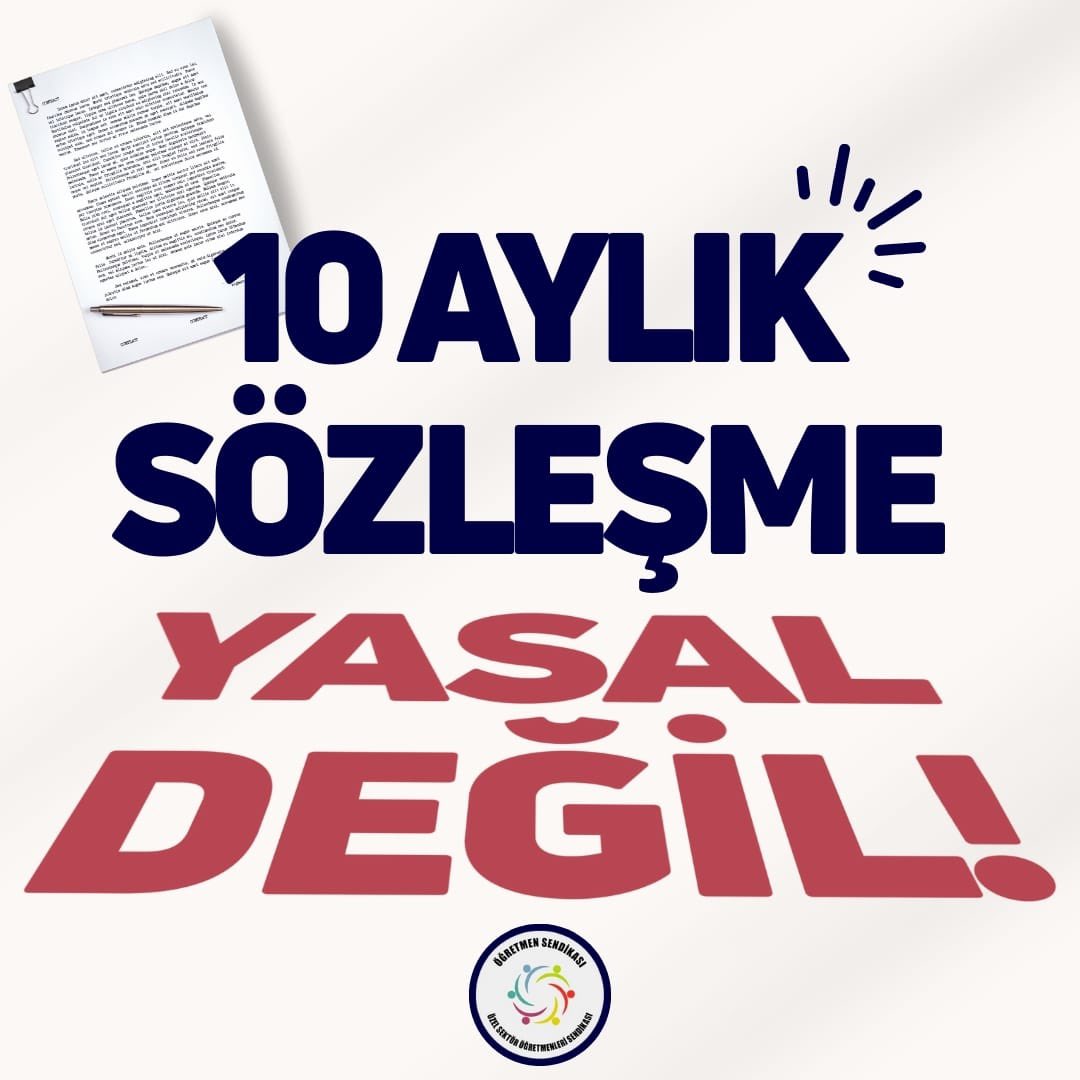 ogretmensendika's tweet photo. 📣 #10AylıkSözleşmeOlmaz 

Sendikamız, yüz binlerce eğitim emekçisini kölelik koşullarına bağlayan 10 aylık iş sözleşmesine karşı büyük bir mücadele başlattığını ilan ediyor. 

❗️Kentlerde, taşrada binaların üzerine asılan binlerce "kurs" tabelası sömürünün yasa dışı yöntemlerini eğitim emekçilerine dayatıyor. Yasal olmayan "10 aylık sözleşme", öğretmenin kıdem ve sigorta prim hakkını gasp ediyor.  Emeklilik gecikiyor, öğretmenler güvencesiz ve geçici çalışma koşullarına boyun eğiyor. 

❗️Patronlar; bu koşulları "normal" bilen, bu uygulamanın yasa dışı olduğunu bilmeyen fakat ağır sonuçlarını yaşayan öğretmenlerin emeğinden çalarak çarkı döndürüyor. 

❗️İsyanın ve itirazın sesi "kurslarda" yankılansın. Sendikanın tavrı binlerce kurs öğretmenin ortak tutumu olsun! 

✊🏾İlçelerde, bölgelerde kurs patronlarının tedirginliği artacak. Teşhir yayılacak, yasa dışı uygulamalar açığa çıkarılacak. 10 aylık sözleşmenin kurs alanından silinmesi için, haklarımıza ve geleceğimize sahip çıkmak için harekete geçiyoruz. 

👉🏽Eğitimin çıkarları ile Özel Sektör Öğretmenleri Sendikasının mücadelesi kardeştir. Savaşımız, patron düzenine karşıdır. 

10 Aylık Sözleşme Parçalanacak!

@tcmeb @tcookgm @Yusuf__Tekin