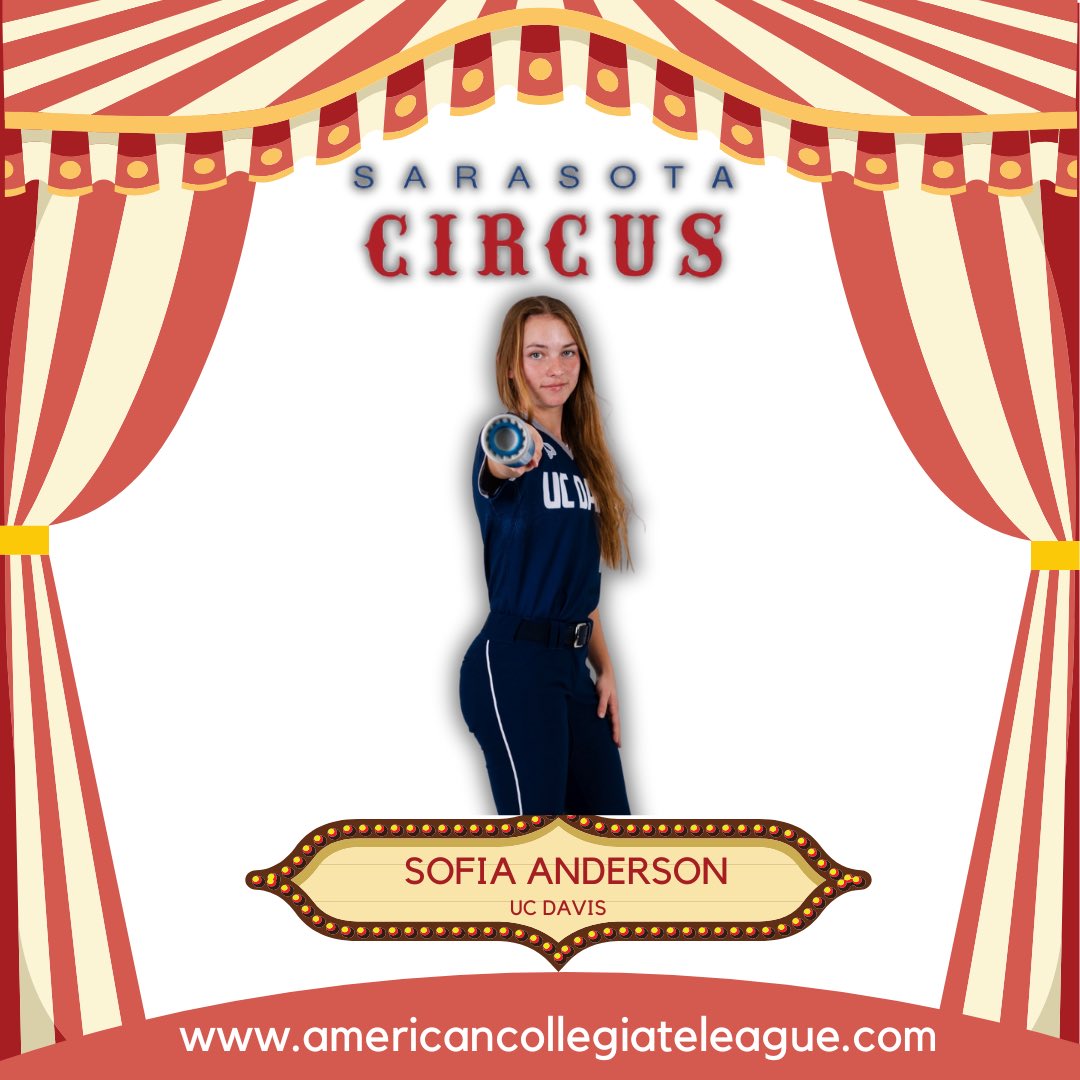 Sarasota Circus (@circussb) on Twitter photo Welcome to the 2025 Sarasota Circus, SOFIA ANDERSON from <a href="/ucdavissoftball/">UC Davis Softball</a> coming to the <a href="/FGCLsoftball/">Florida Gulf Coast League</a> battle of the beaches 🏖️ for the greatest show on dirt‼️
#BigTop🎪
🗓️6/11-7/12
📍Bradenton/Sarasota,FLA
Players Register:⬇️
AmericanCollegiateLeague.com
#fastpitchunited #playball Welcome to the 2025 Sarasota Circus, SOFIA ANDERSON from <a href="/ucdavissoftball/">UC Davis Softball</a> coming to the <a href="/FGCLsoftball/">Florida Gulf Coast League</a> battle of the beaches 🏖️ for the greatest show on dirt‼️
#BigTop🎪
🗓️6/11-7/12
📍Bradenton/Sarasota,FLA
Players Register:⬇️
AmericanCollegiateLeague.com
#fastpitchunited #playball