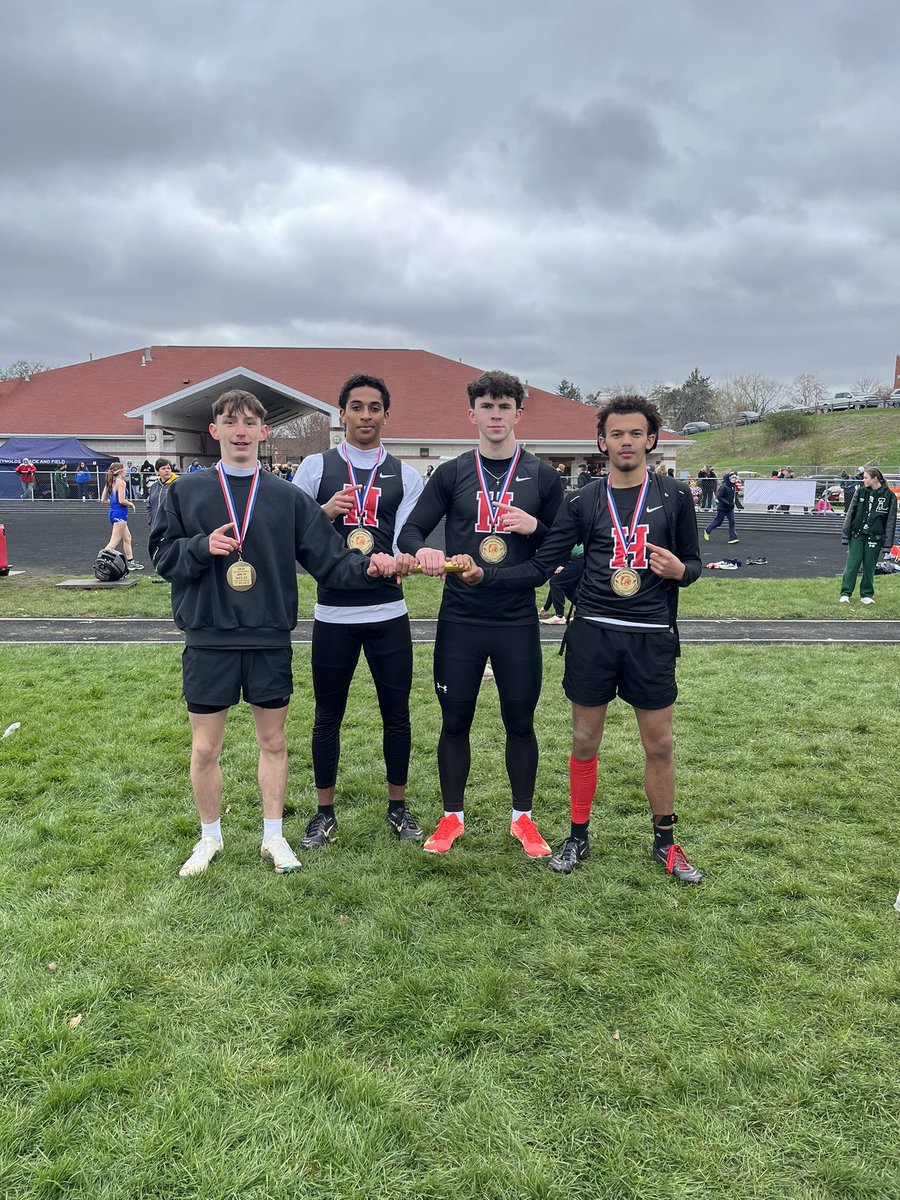 HSD_TrackField's tweet photo. GOLD MEDAL ALERT - 4 x 100 sweep for the HORNETS!!  The team of Logan Stanford, Bobby Mainor, Denver Lewis, and Khalil Houston took the W at the Big Red after the ladies did the same!  Great work men!  Great job to both relay squads!  @HSD_Athletics @BobGreenburg https://t.co/MyiX3lfAt4