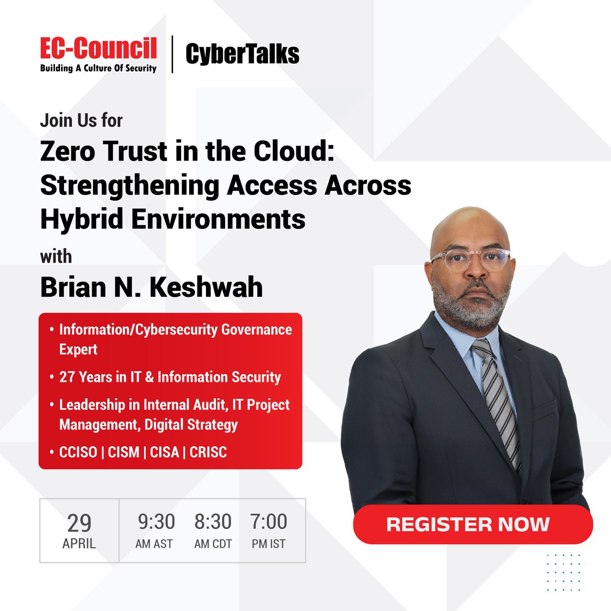ECCOUNCIL's tweet image. Join Brian N. Keshwah on April 29 as he shares insights on improving #InformationSecurity in #HybridCloud environments with #ZeroTrustNetworkAccess. Brian has worked 27+ years in #Cybersecurity, mainly in the banking and finance industries. Register now: buff.ly/2sXy9a3…