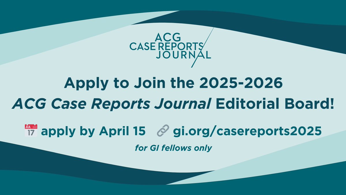 ACG (@amcollegegastro) on Twitter photo ⏰Last Call #GIfellows:
Apply to Join the 2025-2026 <a href="/ACGCRJ/">ACGCRJ</a> Editorial Board!
Gain valuable editorial experience, help your peers share their work, and establish your reputation as a leader.
Applications due April 15
➡️gi.org/casereports2025⬅️
<a href="/PrateekHarne1/">Prateek Harne MBBS, MD</a> <a href="/NadeemYousafMD/">Nadeem Yousaf</a> ⏰Last Call #GIfellows:
Apply to Join the 2025-2026 <a href="/ACGCRJ/">ACGCRJ</a> Editorial Board!
Gain valuable editorial experience, help your peers share their work, and establish your reputation as a leader.
Applications due April 15
➡️gi.org/casereports2025⬅️
<a href="/PrateekHarne1/">Prateek Harne MBBS, MD</a> <a href="/NadeemYousafMD/">Nadeem Yousaf</a>