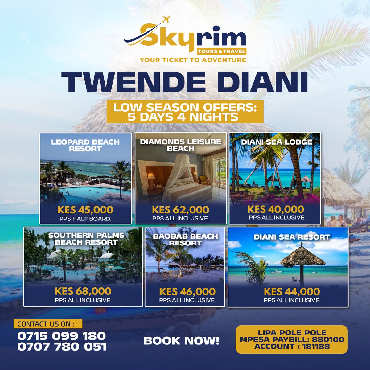 skyrim_travels's tweet photo. i 
Ready to plan your next coastal escape?
We’ve got unbeatable low-season offers for a 5-day, 4-night getaway to Diani! Sun, sand, and serenity await.
#TwendeDiani #SkyrimToursAndTravel https://t.co/Bj7rjFNP0P