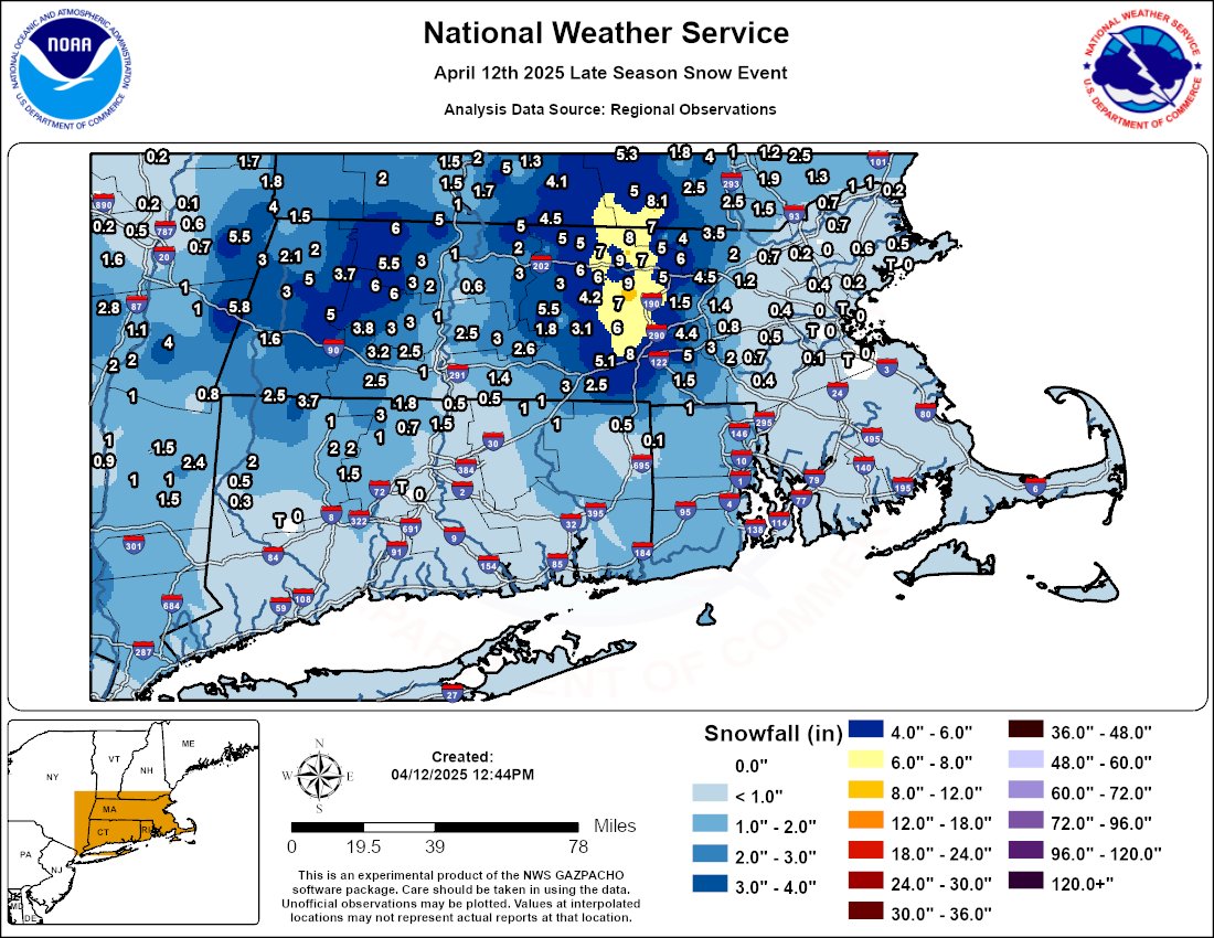 NWSBoston's tweet image. [April 12th 2025 Snowfall Map] A late season April snowstorm impacted primarily the higher terrain of Central MA as well as the Berkshires where several inches fell. The highest amounts occurred in the northern Worcester Hills where 9" was reported in both Princeton &amp;amp; Ashburnham.