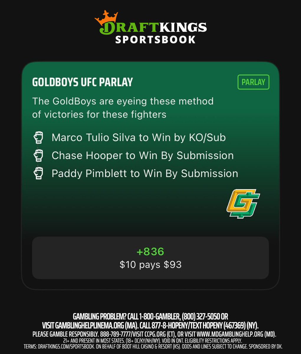 GoldBoys.com (@goldboyssupport) on Twitter photo 🚨 SQUAD RIDE! 🚨
Time for another #SquadRide on <a href="/DKSportsbook/">DraftKings Sportsbook</a> 👑
$100 to five people if this WINS! 🤞
To enter : ⤵️
1️⃣ Like
2️⃣ Retweet
3️⃣ TAIL the parlay on <a href="/DKSportsbook/">DraftKings Sportsbook</a>
Open the DK app, click on UFC 314, scroll over to GoldBoys! ✅
#DkPartner 🚨 SQUAD RIDE! 🚨
Time for another #SquadRide on <a href="/DKSportsbook/">DraftKings Sportsbook</a> 👑
$100 to five people if this WINS! 🤞
To enter : ⤵️
1️⃣ Like
2️⃣ Retweet
3️⃣ TAIL the parlay on <a href="/DKSportsbook/">DraftKings Sportsbook</a>
Open the DK app, click on UFC 314, scroll over to GoldBoys! ✅
#DkPartner