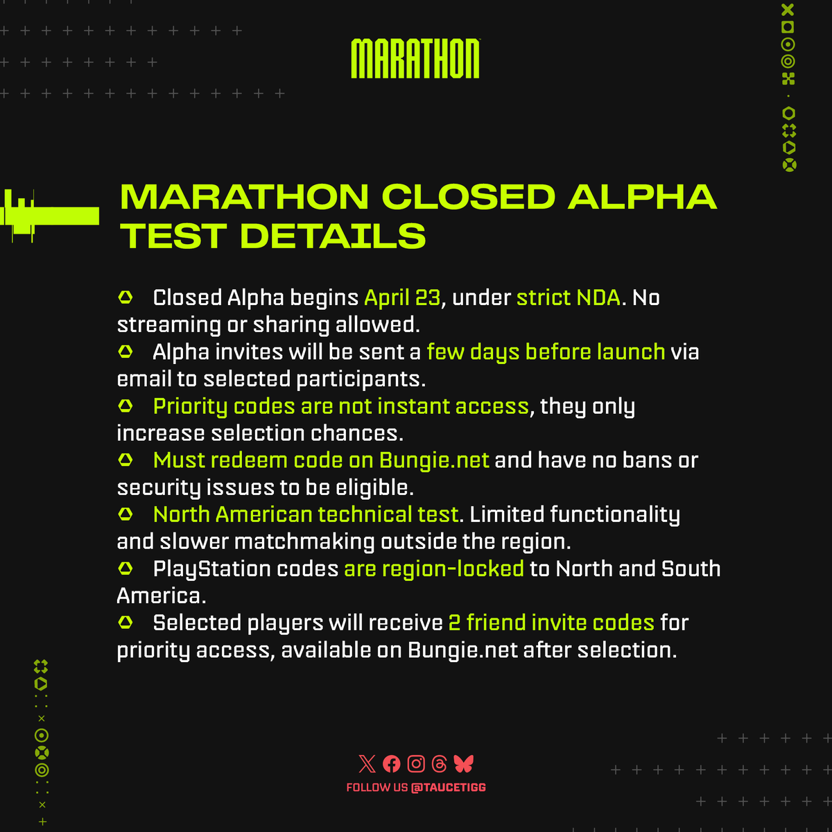 TauCetiGG's tweet image. ‼️NEW: Marathon Closed Alpha Test details.