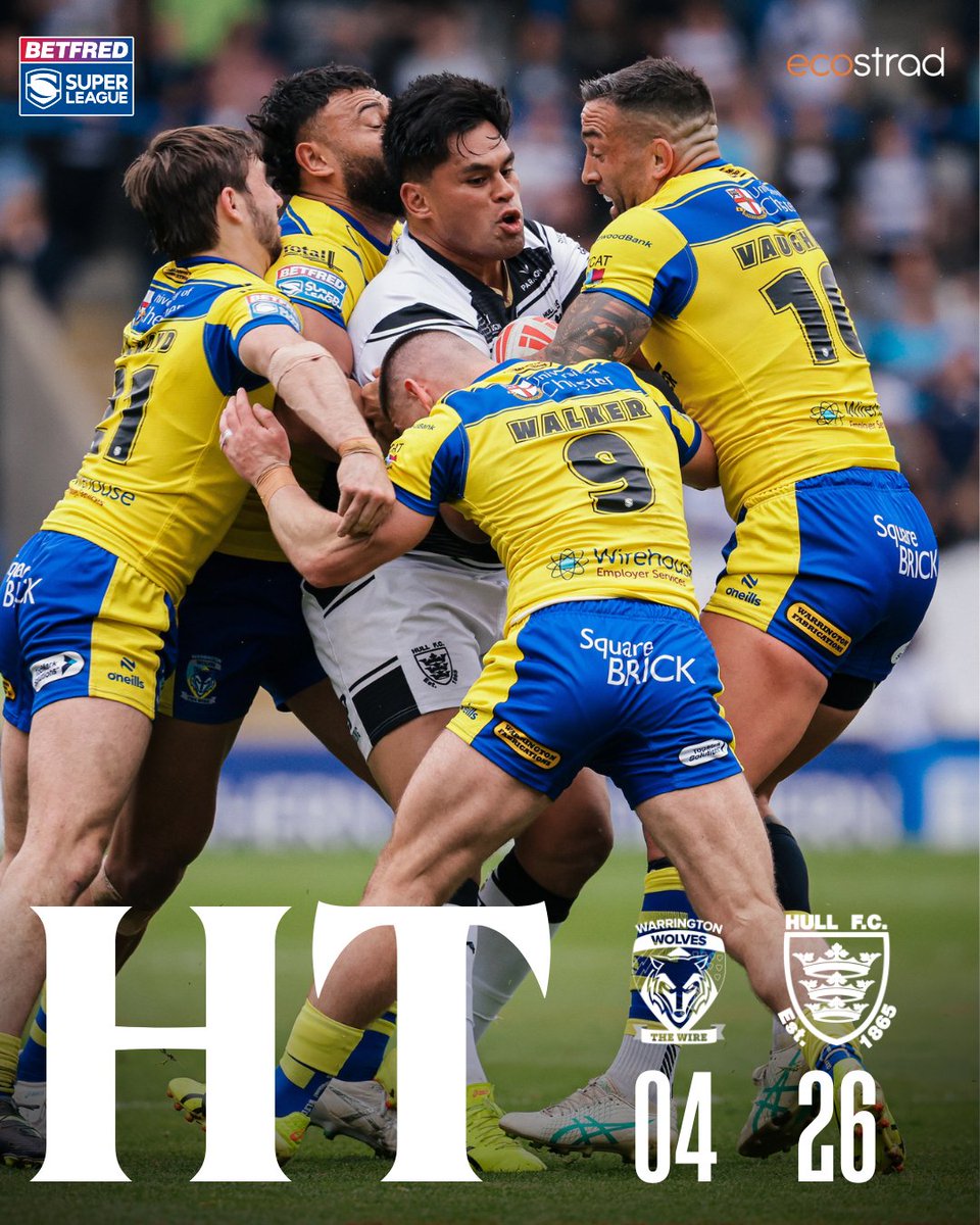 ⏱️ 𝗛𝗔𝗟𝗙-𝗧𝗜𝗠𝗘: Warrington Wolves 4-26 Hull FC

An incredible half of Rugby League from the Black &amp; Whites 🔥

⚫️⚪️ #COYH | <a href="/ecostrad/">ecostrad</a>