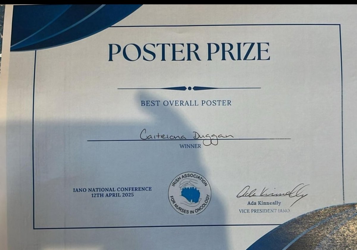 THRILLED to win 1st Prize for Best Overall Poster at #IANO2025! 🏆 Grateful for chance to share our work with Ireland's oncology nurses. Big thanks to my supervisors &amp; co-authors 👏 Special tribute to Dr. Patricia Hunt for her visionary leadership. #OncologyNursing #CancerCare"