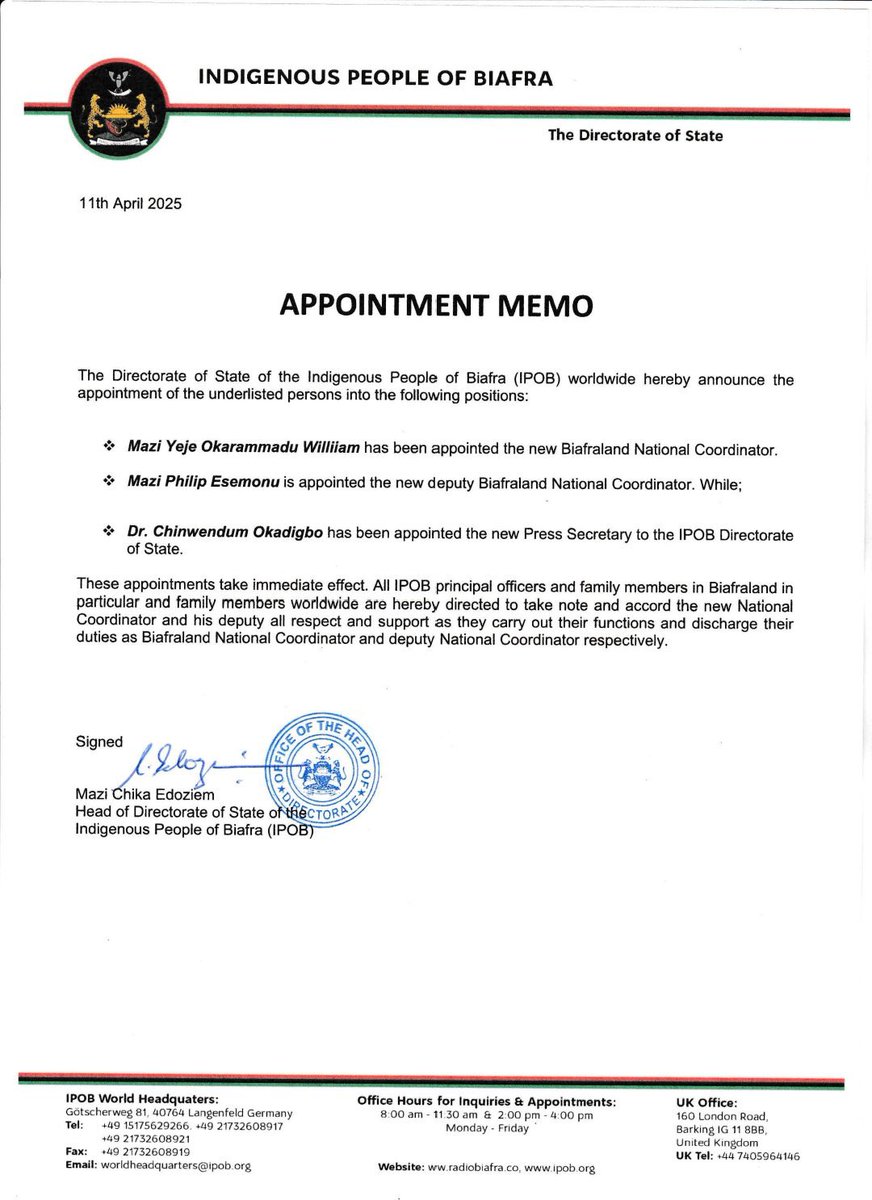 ChinasaNworu's tweet photo. #IPOB Appointment Memo https://t.co/4ltvPOsK4c