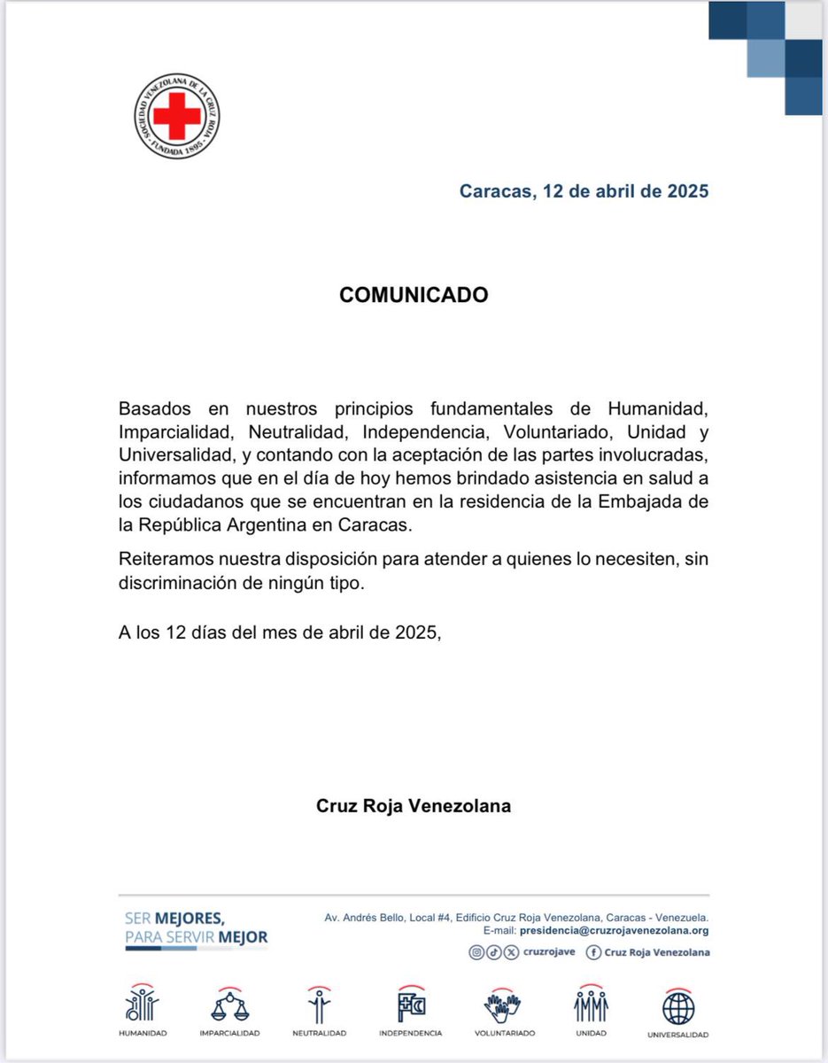 COMUNICADO #12Abril
Basados en nuestros principios fundamentales y contando con la aceptación de las partes involucradas, informamos que hoy hemos brindado asistencia en salud a los ciudadanos que se encuentran en la residencia de la Embajada de la República Argentina en Caracas.