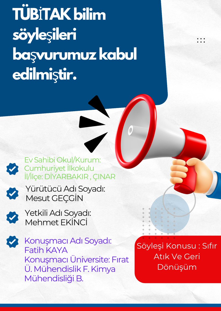Bilimle Dönüş!
Sıfır Atık ve Geri Dönüşüm üzerine dopdolu bir Bilim Söyleşisine hazır mısınız?
Doğayı korumak, atıkları dönüştürmek ve sürdürülebilir bir gelecek için bilimin gücüyle buluşuyoruz!
<a href="/Diyarbakirmem/">Diyarbakır İl Millî Eğitim Müdürlüğü</a>
<a href="/cinar21mem/">Çınar İlçe Milli Eğitim Müdürlüğü</a> 
<a href="/Tubitak/">TÜBİTAK</a> <a href="/cinarkaymakamlk/">T.C. Çınar Kaymakamlığı</a> <a href="/tcmeb/">Millî Eğitim Bakanlığı</a>