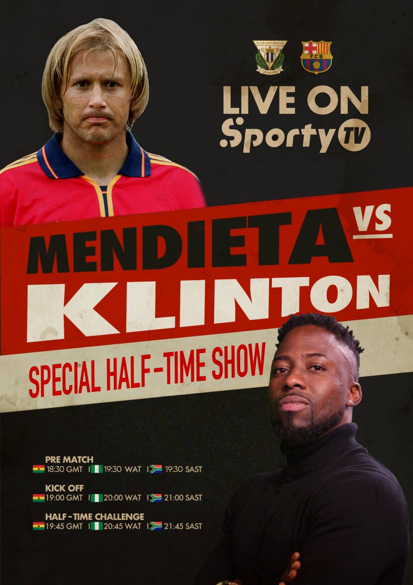 SportyTV's tweet photo. TODAY! Klinton 🆚 Mendieta!!! ⚽️💥
At halftime of the Leganés 🆚 FC Barcelona game, Klinton will face Gaizka Mendieta in a crazy challenge of football skills. 😱🔥
DON'T MISS OUT!!! 📺👀
#Challenge #Football #Mendieta #LeganésBarça https://t.co/Rl9ANCBuZ6