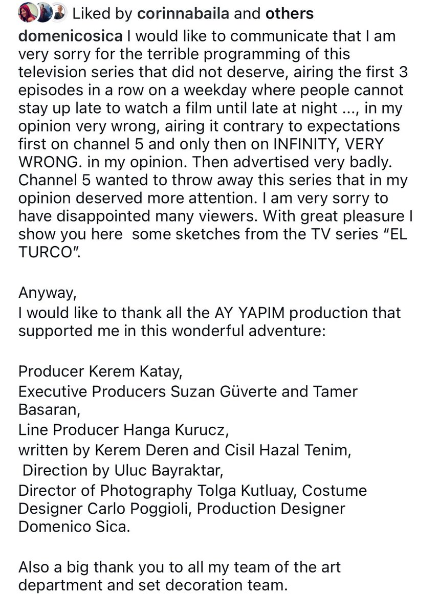 ♦️Domenico Sica - Head of the production design for #ElTurco and Emmy winner communicates to public.

We are all on the same page here