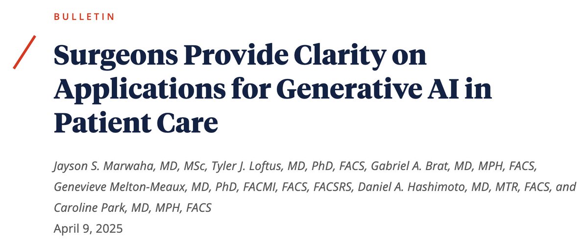 Jayson Marwaha, MD MSc (@jayson_marwaha) on Twitter photo In this month's <a href="/AmCollSurgeons/">American College of Surgeons</a> Bulletin, <a href="/CPark_MD/">Caroline Park MD, MPH</a> <a href="/_TylerLoftus/">Tyler Loftus</a> <a href="/Laparoscopes/">Dan Hashimoto, MD MS FACS</a> <a href="/bratogram/">Gabriel Brat</a> <a href="/MeltonMeaux/">GenevieveMeltonMeaux</a> & I consider how generative AI might change surgical practice - intraoperative support, large scale clinical data extraction, etc - & unsolved challenges like regulation. In this month's <a href="/AmCollSurgeons/">American College of Surgeons</a> Bulletin, <a href="/CPark_MD/">Caroline Park MD, MPH</a> <a href="/_TylerLoftus/">Tyler Loftus</a> <a href="/Laparoscopes/">Dan Hashimoto, MD MS FACS</a> <a href="/bratogram/">Gabriel Brat</a> <a href="/MeltonMeaux/">GenevieveMeltonMeaux</a> & I consider how generative AI might change surgical practice - intraoperative support, large scale clinical data extraction, etc - & unsolved challenges like regulation.