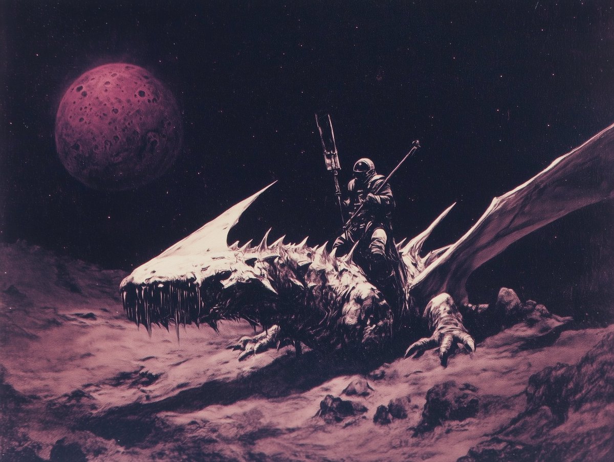 SurrealGoogling's tweet photo. Ride the dragon toward the crimson eye, Flap the wings under Mars' red sky. The reptile pushes itself out into space #sleep #dragonaut #midjourney #aiart https://t.co/lSM57lqtGj