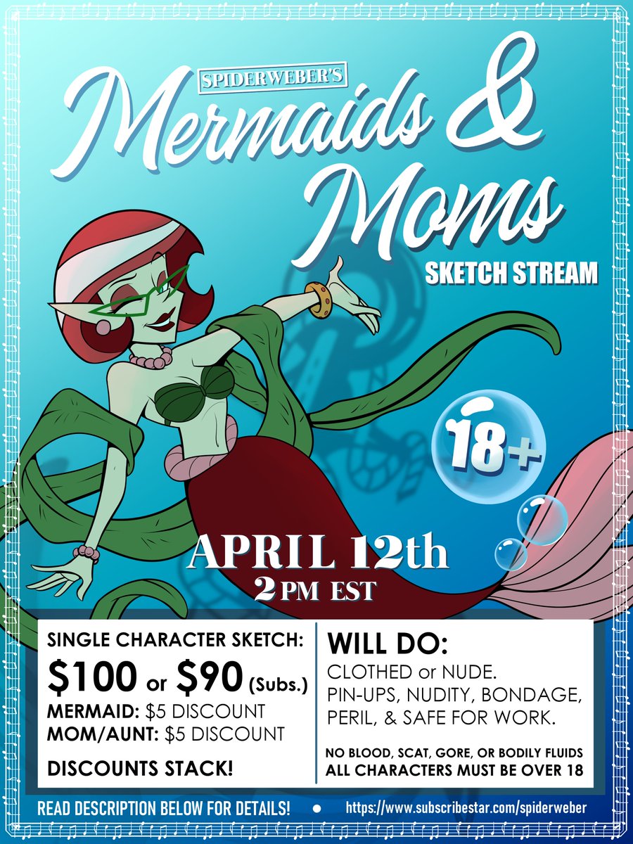 Mermaids &amp; Mom's Stream APR 12th! Starting today at 2 PM EST and going until I get tired, I'll be doing sketch commissions for participants in chat. join in at the link below! Alt text for more info. 

picarto. tv/spiderweber 

#streaming #commissions #artstream