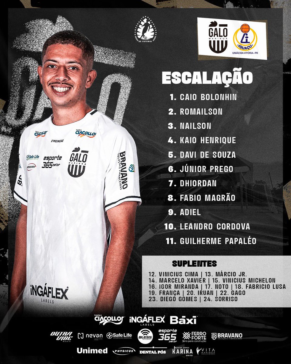 ogalomaringa's tweet photo. Escalação definida pelo professor Rafael Andrade para a estreia na Divisão de Acesso.

Vamos subir Galo! 🐓 ⚫️⚪️

#GaloMaringa #DivisaoDeAcesso #VamosSubirGalo #PraCimaGalo #CantaAlto https://t.co/i3kYQgpVo2