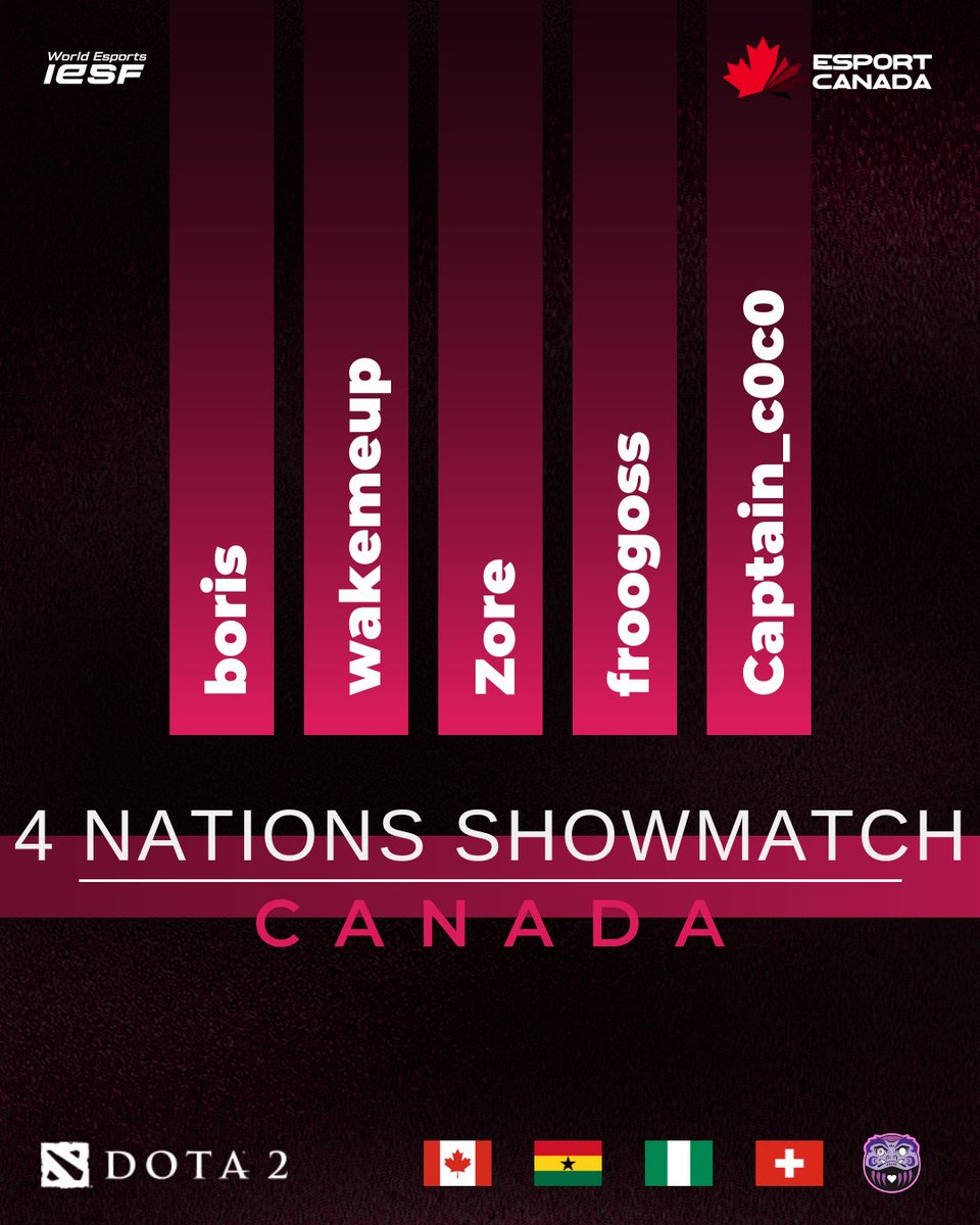 Esport Canada (@esport_canada) on Twitter photo 📢Introducing the <a href="/Esport_Canada/">Esport Canada</a> <a href="/DOTA2/">DOTA 2</a> National Team for today's 4 NATIONS SHOWMATCH
1⃣ boris
2⃣ wakemeup
3⃣ Zore
4⃣ froogoss
5⃣ Captain_c0c0 📢Introducing the <a href="/Esport_Canada/">Esport Canada</a> <a href="/DOTA2/">DOTA 2</a> National Team for today's 4 NATIONS SHOWMATCH
1⃣ boris
2⃣ wakemeup
3⃣ Zore
4⃣ froogoss
5⃣ Captain_c0c0