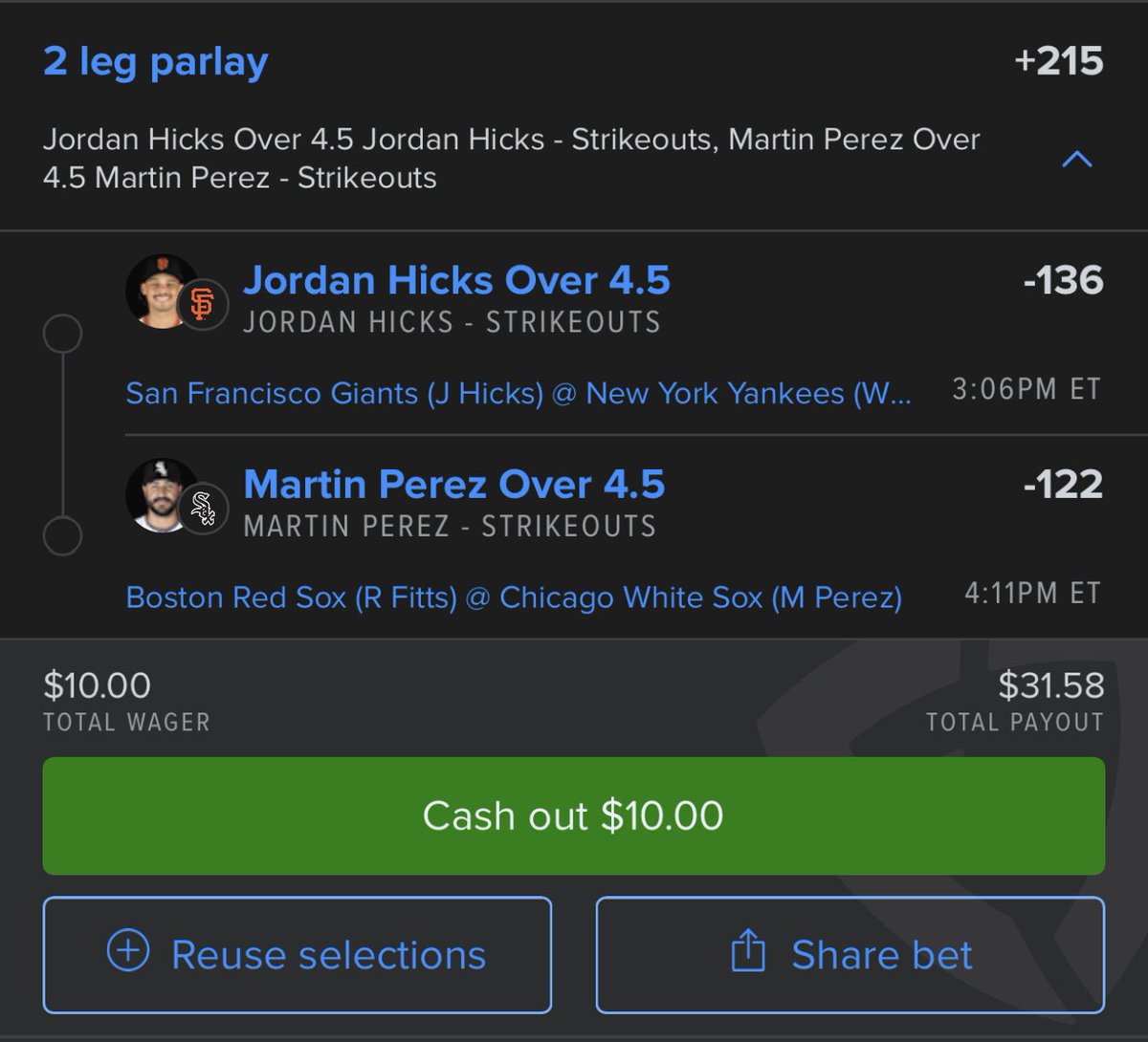 🪜4 Day Ladder Challenge🪜

4 Days of +200
$10 ➡️ $810

Day 1 
J. Hicks 5+ Ks
M. Perez 5+ Ks

#Ladder #Parlay #Props #Strikeouts #Baseball #GamblingX