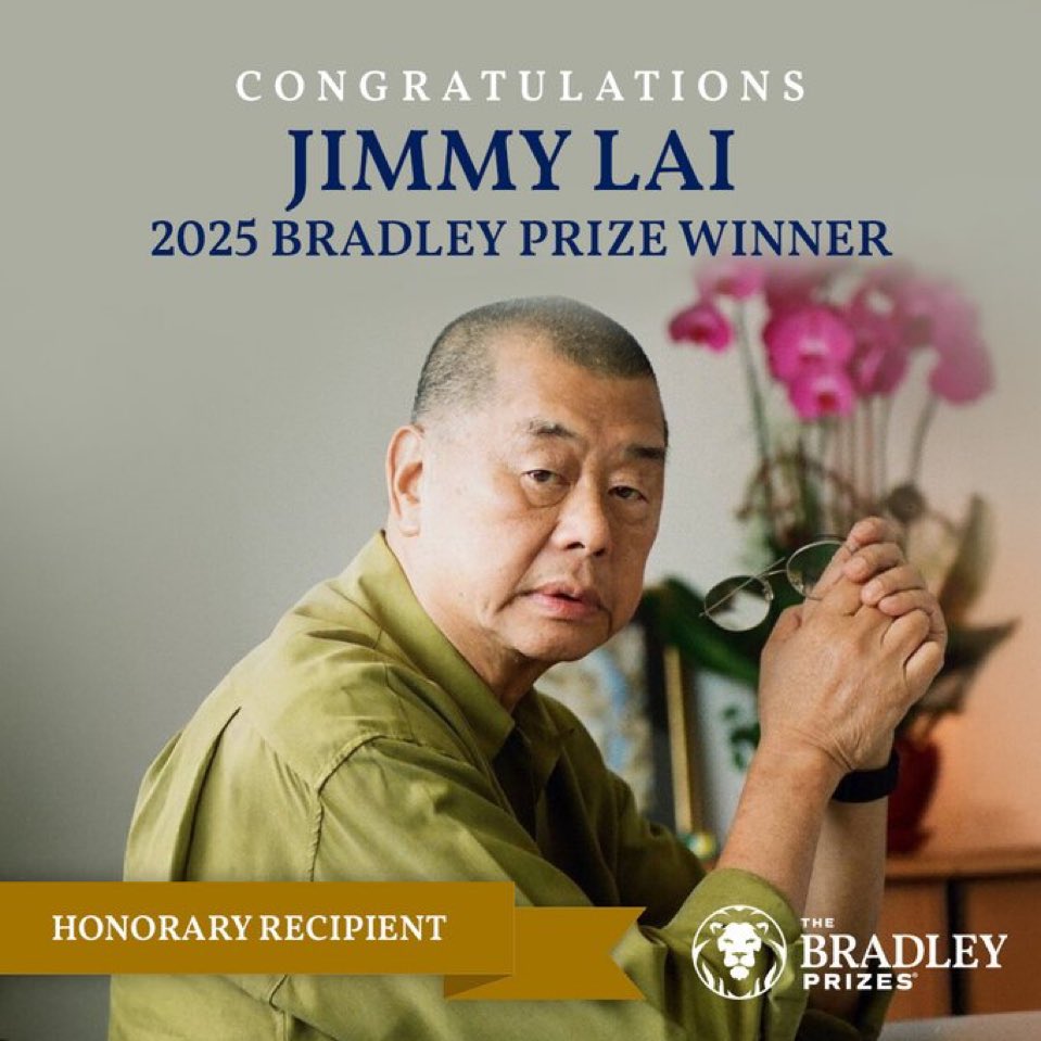 Great Decision by the <a href="/BradleyFdn/">Bradley Foundation</a>. To <a href="/SupportJimmyLai/">#FreeJimmyLai</a>! Jimmy Lai is a Man of Faith and Hero to Freedom Loving People around the World! It’s Time for China to #FreeJimmyLai