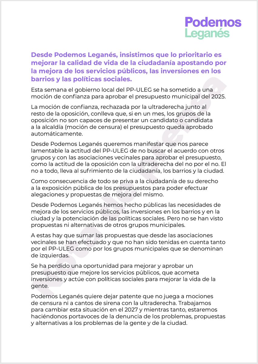 PodemosLeganes's tweet photo. Desde #PodemosLeganés ya lo advertimos en nuestra #NotaDePrensa27M que ese #Superabit2024 debe ir a la ciudadanía de #Leganes  para la mejora de los barrios y los servicios públicos de la ciudad.
#InversionesYa #ServiciosPublicos https://t.co/O5obxEDtbX