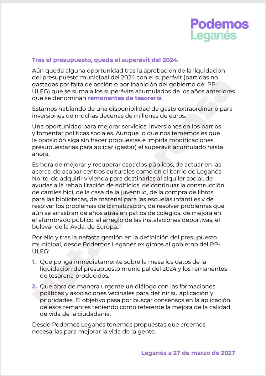 PodemosLeganes's tweet photo. Desde #PodemosLeganés ya lo advertimos en nuestra #NotaDePrensa27M que ese #Superabit2024 debe ir a la ciudadanía de #Leganes  para la mejora de los barrios y los servicios públicos de la ciudad.
#InversionesYa #ServiciosPublicos https://t.co/O5obxEDtbX